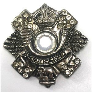 Vintage Antiqued Silver Tone America 1990 Brooch Pin Elephant Crown Rhinestones